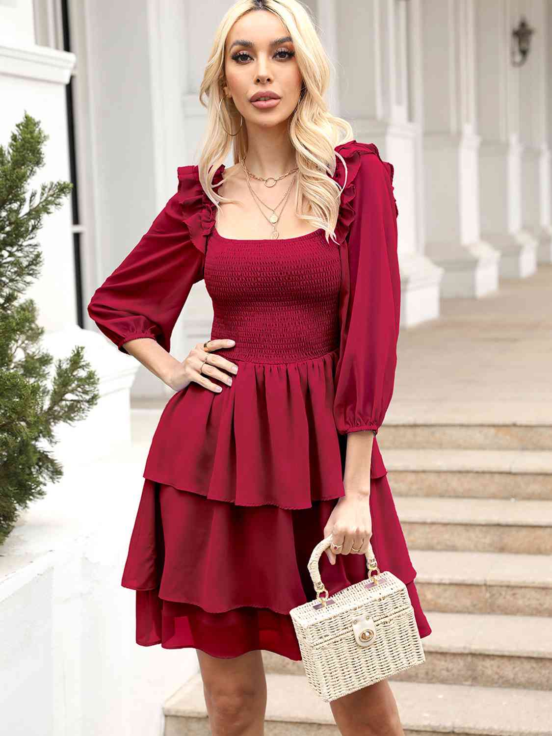 Smocked Square Neck Layered Dress - Wine / S - All Dresses - Dresses - 12 - 2024