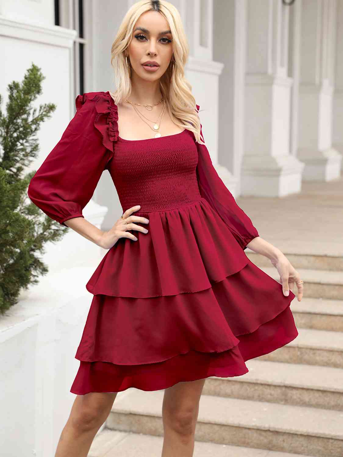 Smocked Square Neck Layered Dress - All Dresses - Dresses - 14 - 2024