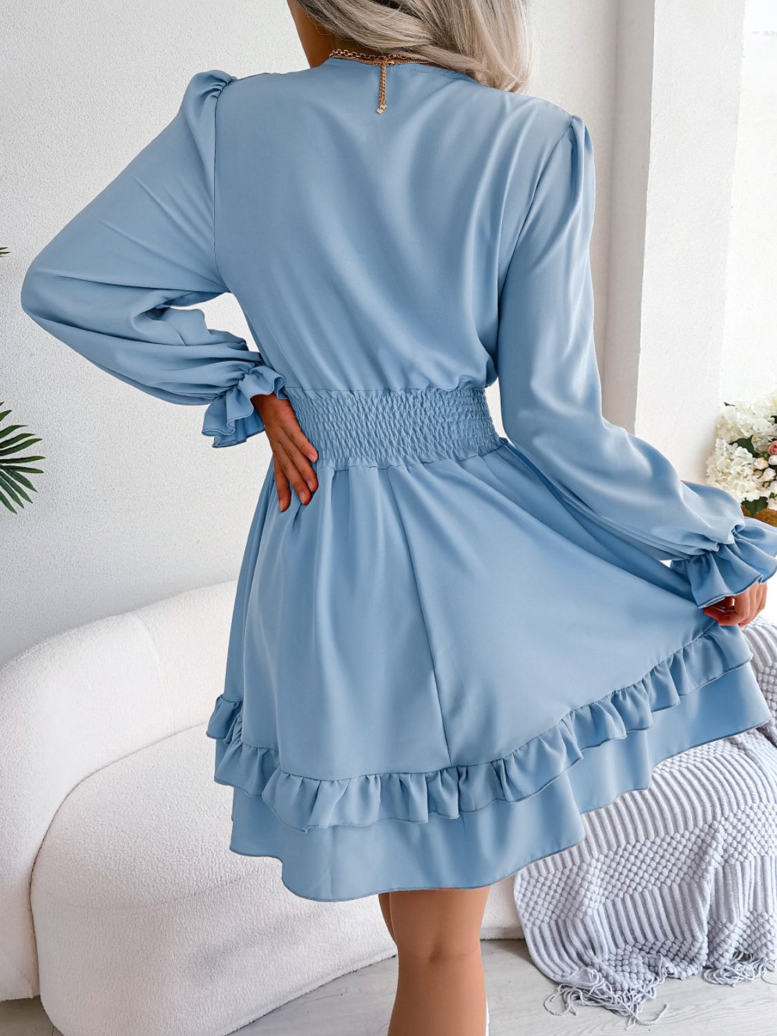 Tie Front Smocked Waist Flounce Sleeve Dress - All Dresses - Dresses - 8 - 2024