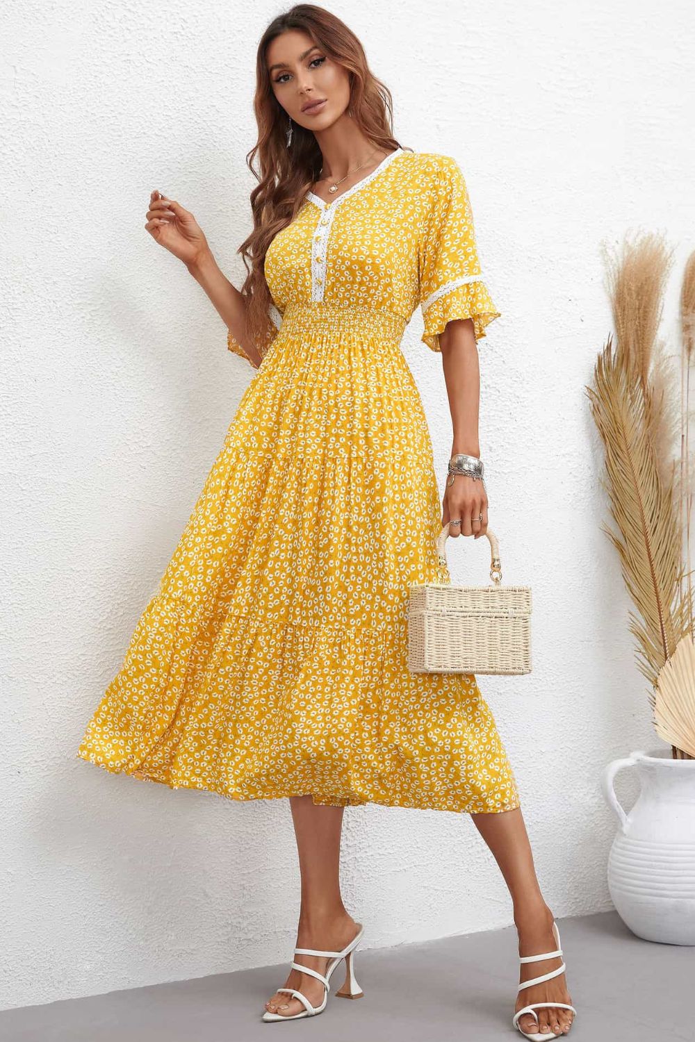 Floral V-Neck Smocked Waist Midi Dress - All Dresses - Dresses - 1 - 2024