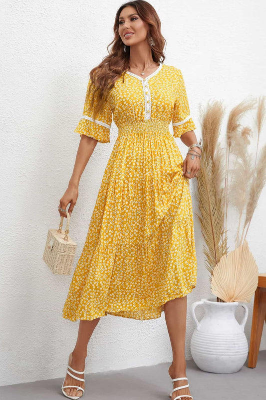 Floral V-Neck Smocked Waist Midi Dress - All Dresses - Dresses - 2 - 2024