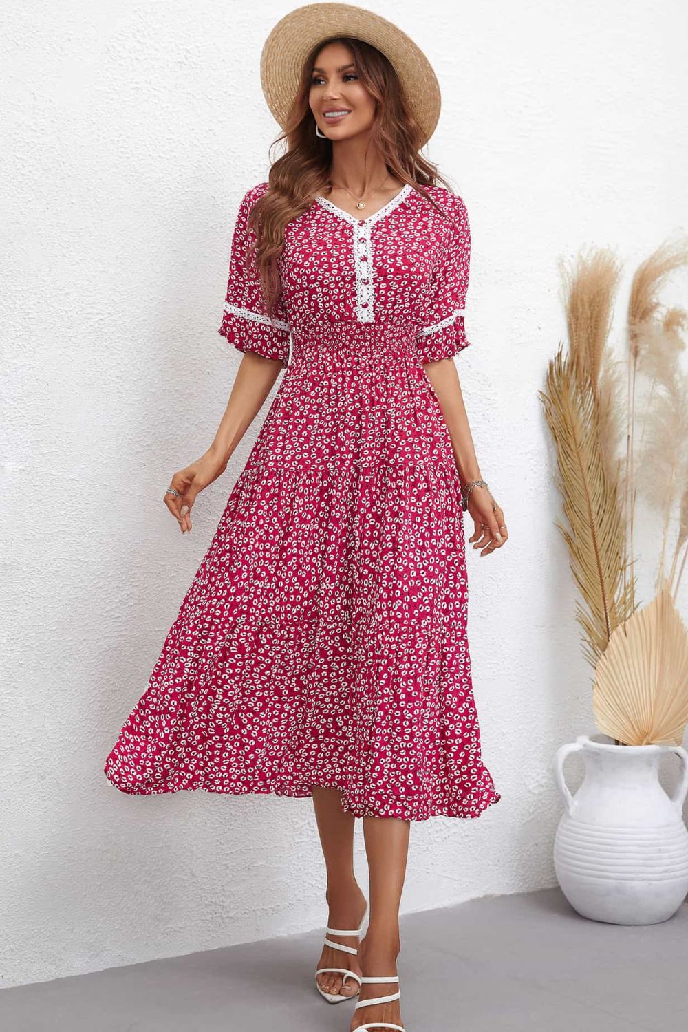 Floral V-Neck Smocked Waist Midi Dress - All Dresses - Dresses - 5 - 2024