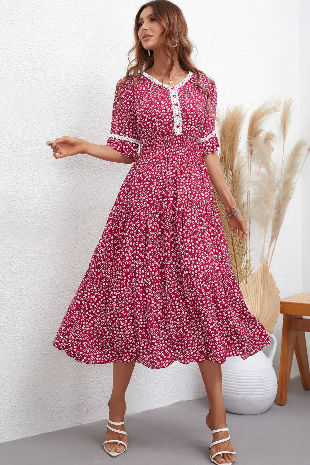 Floral V-Neck Smocked Waist Midi Dress - All Dresses - Dresses - 8 - 2024