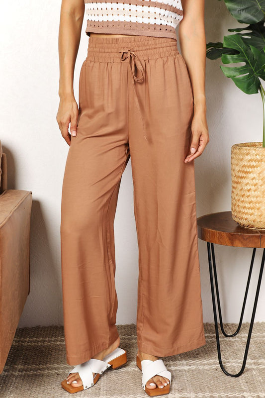 Smocked Waist Wide Leg Pants - Brown / S - Bottoms - Pants - 1 - 2024