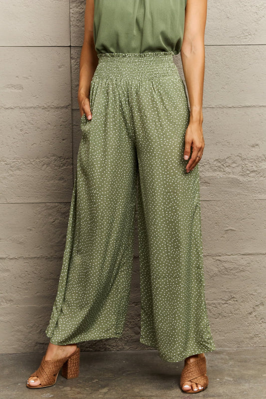 Smocked Waist Wide Leg Printed Long Pants - Green / S - Bottoms - Pants - 1 - 2024