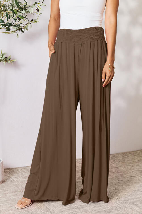 Smocked Wide Waistband Wide Leg Pants - Coffee Brown / S - Bottoms - Pants - 25 - 2024