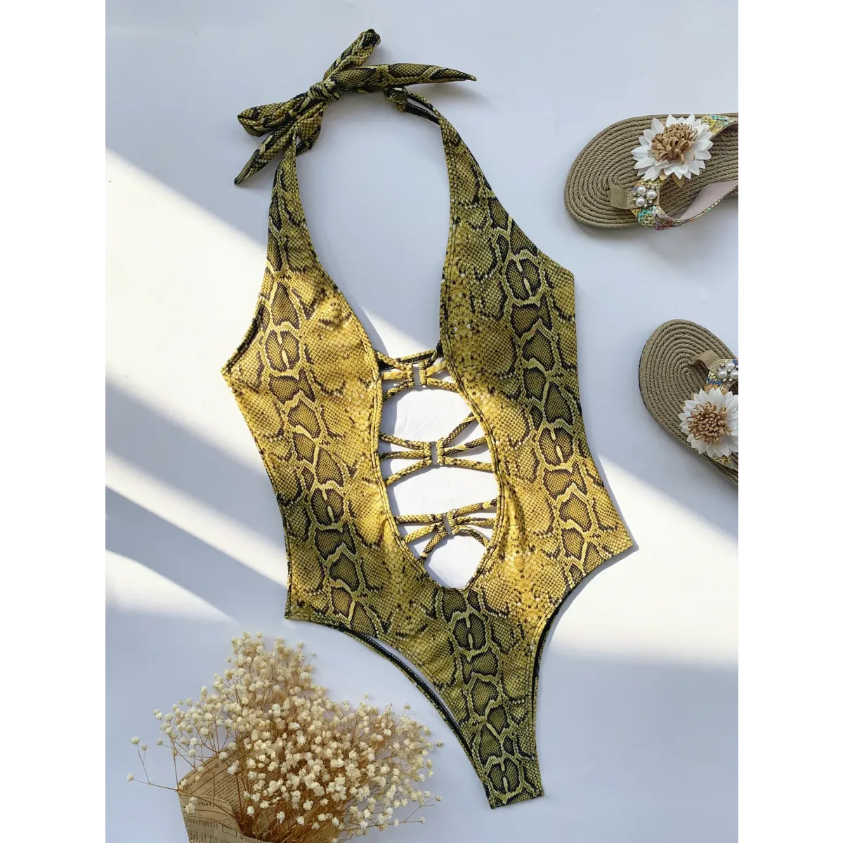 Snake Print Cutout One-Piece – Deep V Thong Swimwear - Sexy Lingerie - Swimwear - 1