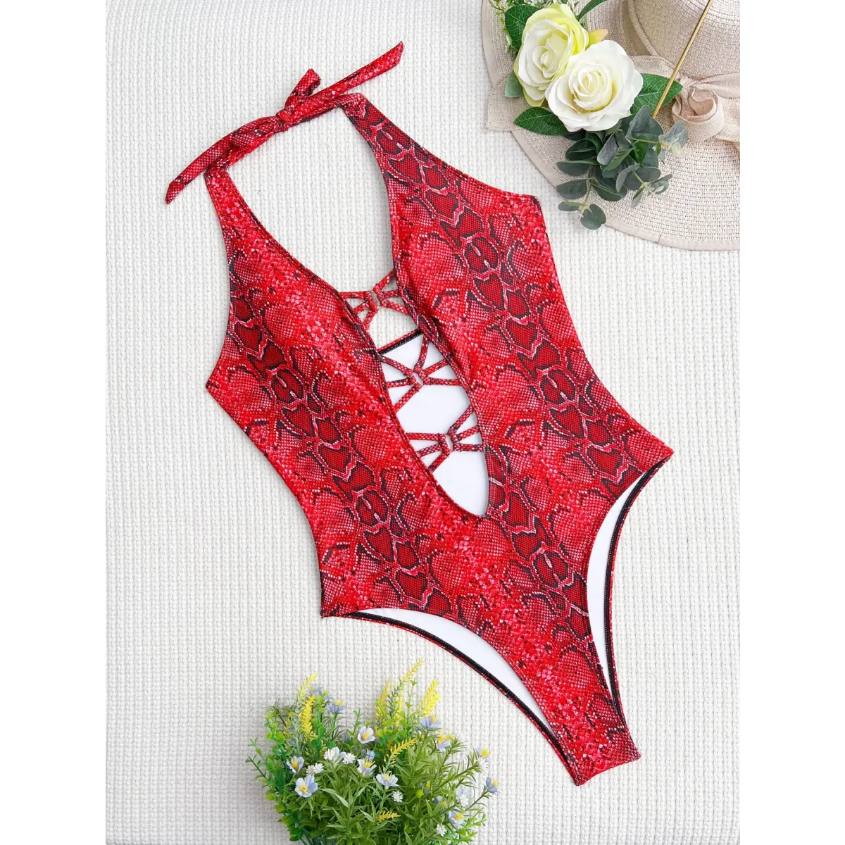Snake Print Cutout One-Piece – Deep V Thong Swimwear - Best Sellers - Swimwear - 3