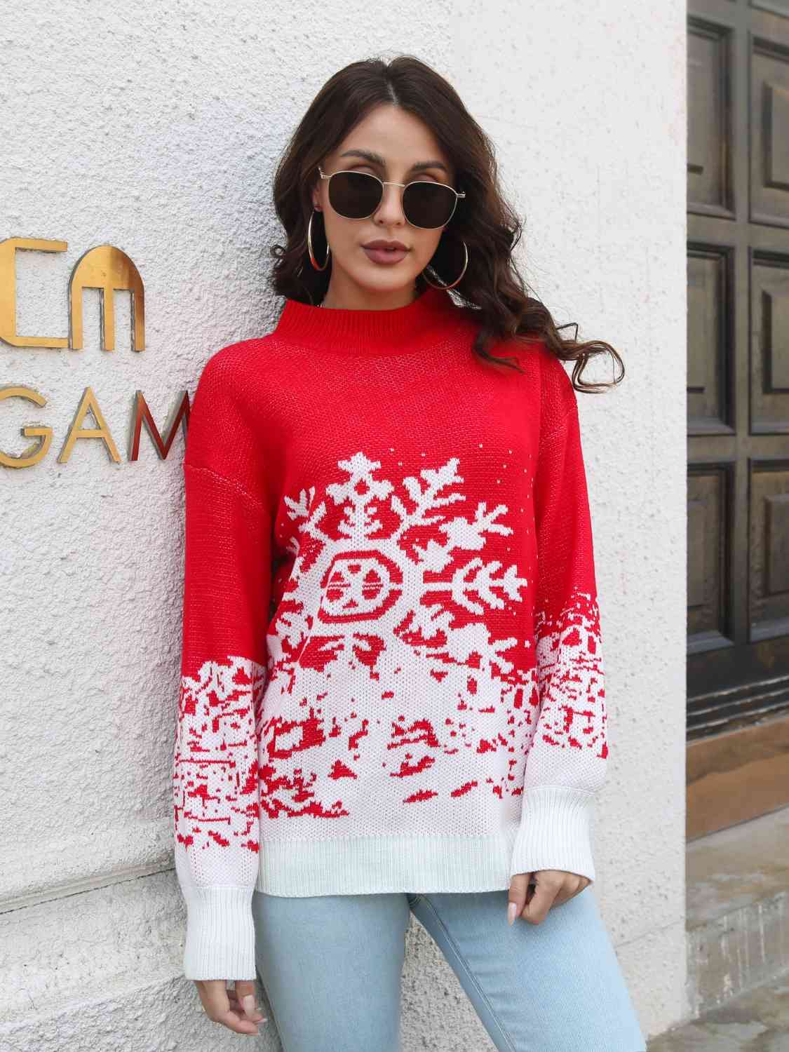 Snowflake Pattern Mock Neck Sweater - Sweaters - Shirts & Tops - 3 - 2024