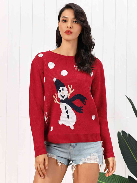 Snowman Round Neck Sweater - Deep Red / S - Sweaters - Shirts & Tops - 1 - 2024