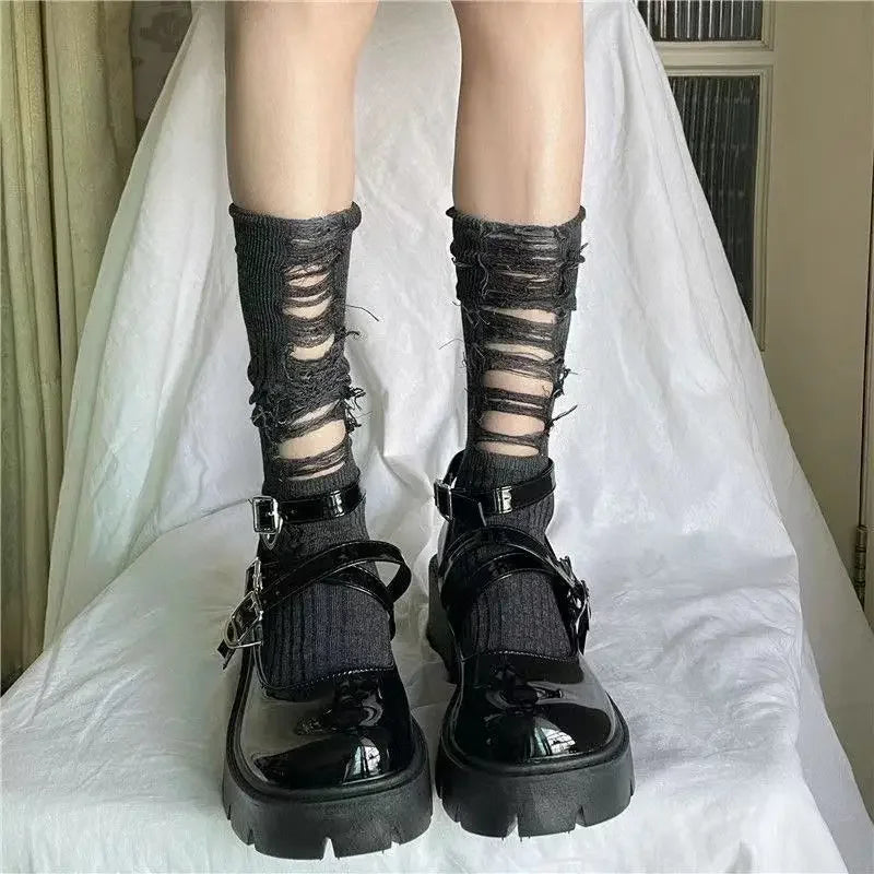 Gothic Ripped Mid Tube Socks - Y2K Punk Harajuku Knitted Socks - Gray / one size - Socks & Hosiery - Socks - 7 - 2024