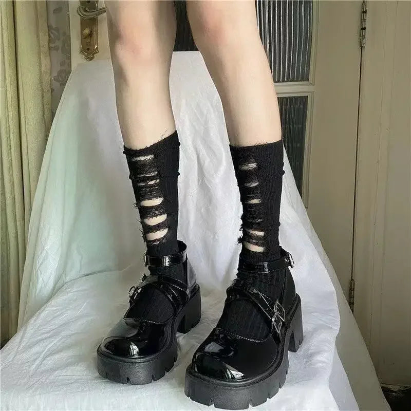 Gothic Ripped Mid Tube Socks - Y2K Punk Harajuku Knitted Socks - Socks & Hosiery - Socks - 2 - 2024