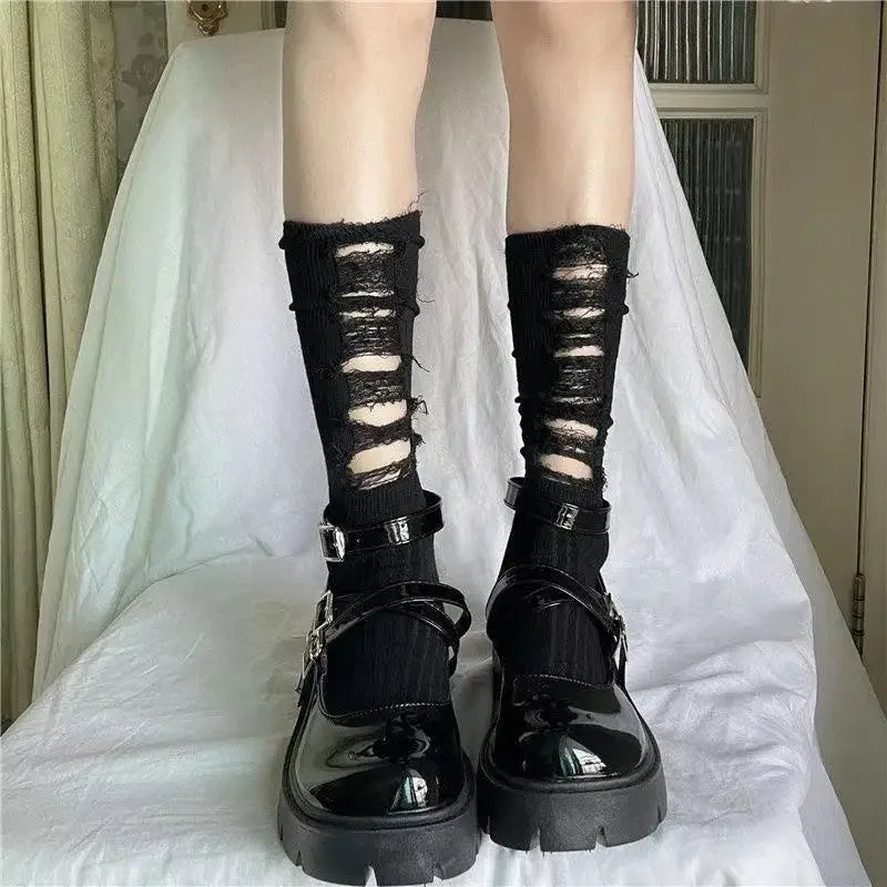 Gothic Ripped Mid Tube Socks - Y2K Punk Harajuku Knitted Socks - Black / one size - Socks & Hosiery - Socks - 8 - 2024