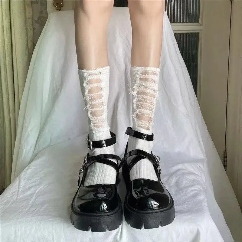 Gothic Ripped Mid Tube Socks - Y2K Punk Harajuku Knitted Socks - White / one size - Socks & Hosiery - Socks - 9 - 2024