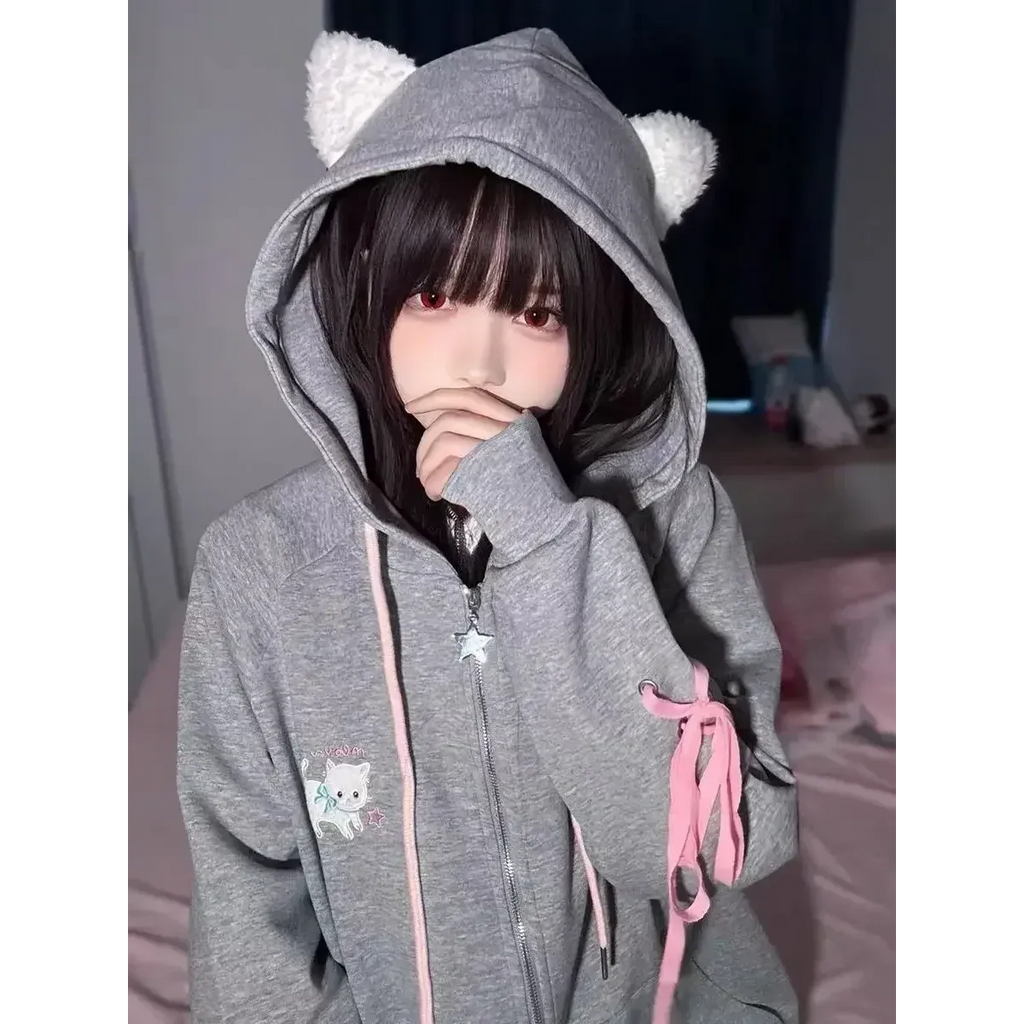 Soft Girl Cute Cat Embroidered Hoodie - Hoodies & Sweatshirts - 1