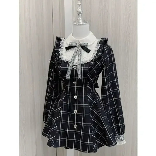 Harajuku Plaid Bow Lace Collar Dress - All Dresses - Mini Dress - 3