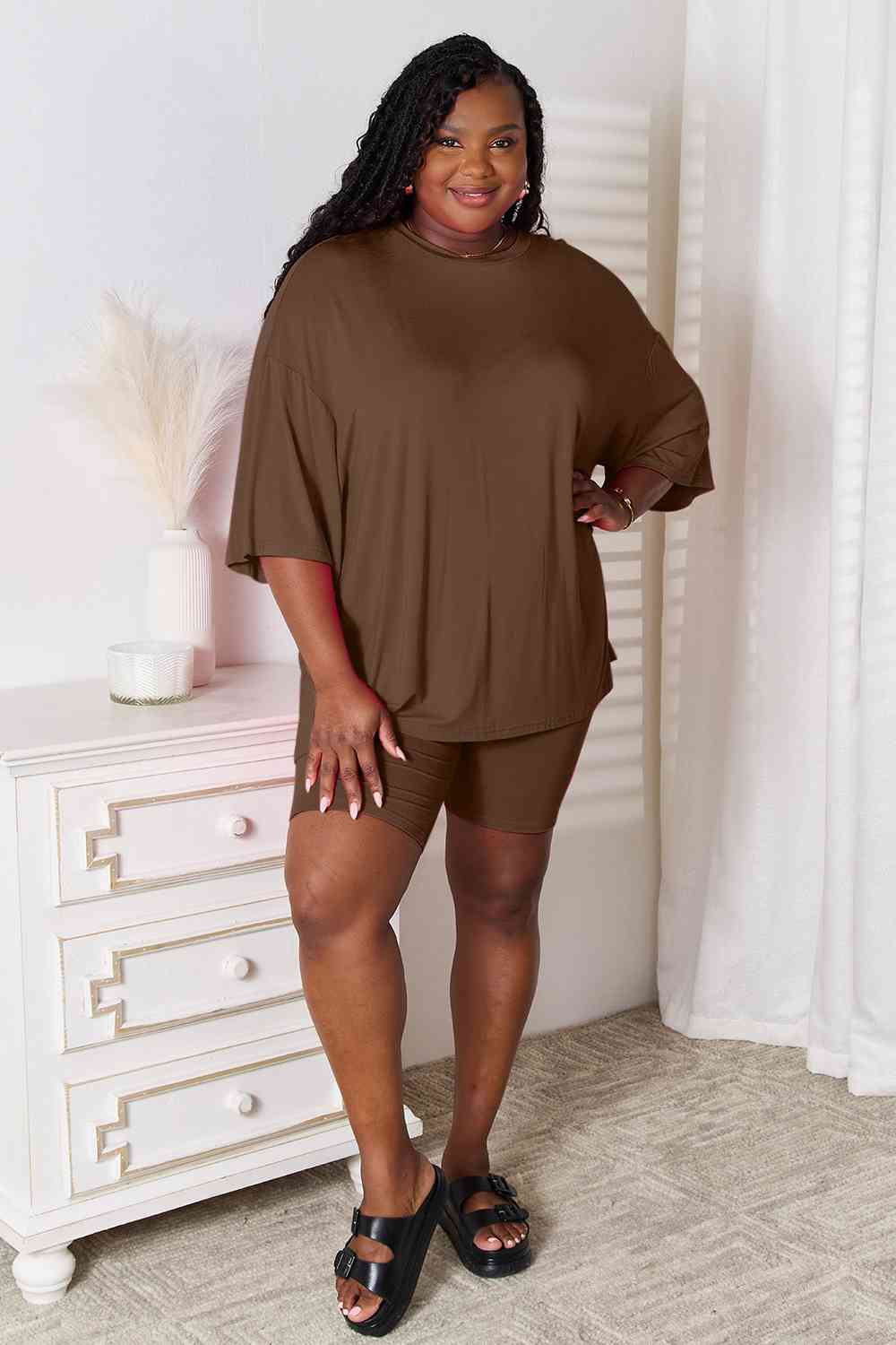 Soft Rayon Three-Quarter Sleeve Top and Shorts Set - Chocolate / S - Tops - Outfit Sets - 6 - 2024