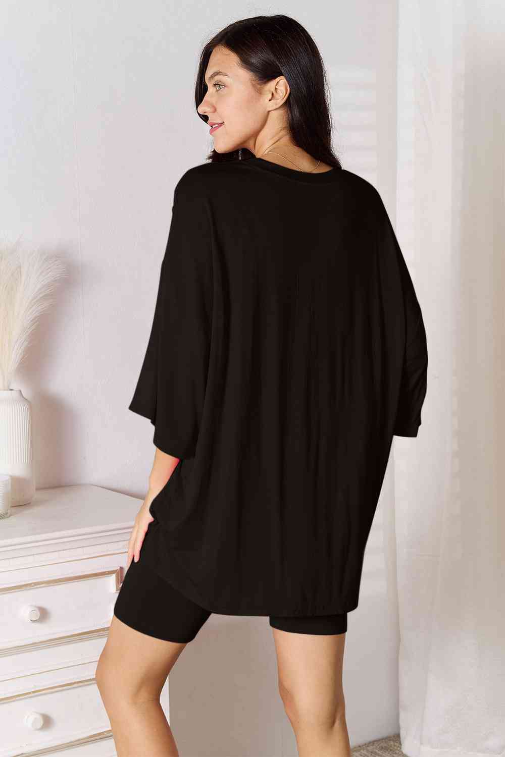 Soft Rayon Three-Quarter Sleeve Top and Shorts Set - Black / S - Tops - Outfit Sets - 9 - 2024