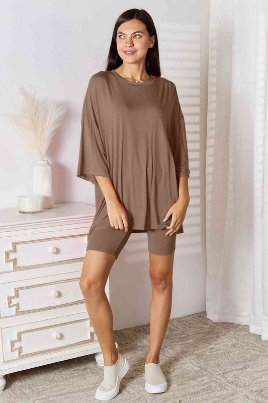 Soft Rayon Three-Quarter Sleeve Top and Shorts Set - Taupe / S - Tops - Outfit Sets - 1 - 2024