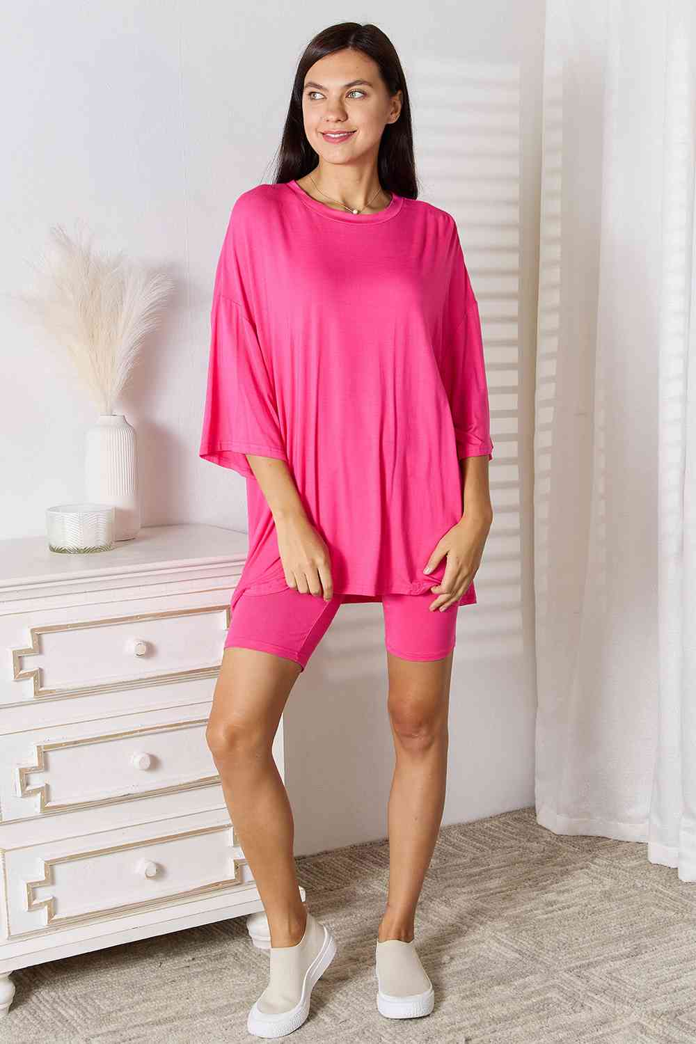 Soft Rayon Three-Quarter Sleeve Top and Shorts Set - Hot Pink / S - Tops - Outfit Sets - 16 - 2024