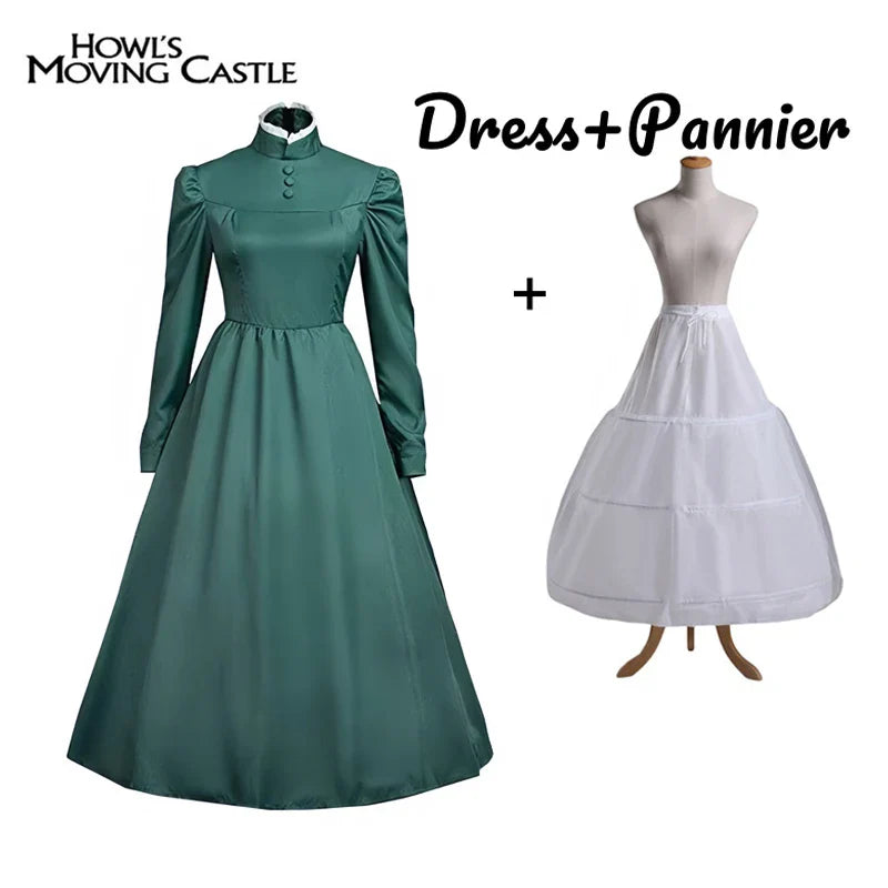 Sophie Cosplay Dress – Howl’s Moving Castle Green Outfit with Hat - S / Dress and Pannier - All Dresses - Costume