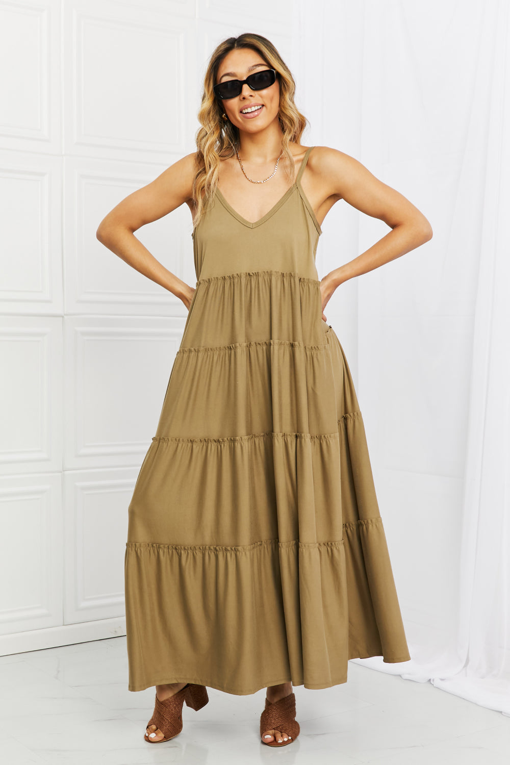 Full Size Spaghetti Strap Tiered Dress with Pockets in Khaki - Khaki / S - All Dresses - Dresses - 1 - 2024