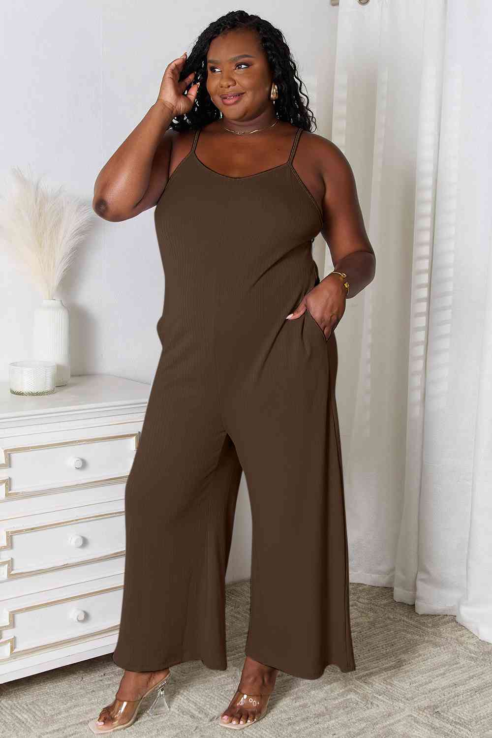 Spaghetti Strap V-Neck Jumpsuit - Chocolate / S - Women’s Clothing & Accessories - Jumpsuits & Rompers - 8 - 2024