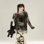 Spider Web Knit Sweater – Y2K Off Shoulder Grunge Pullover - Sweaters - Long - Asymmetric - Tops - 1