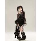 Spider Web Knit Sweater – Y2K Off Shoulder Grunge Pullover - Sweaters - Long - Asymmetric - Tops - 2