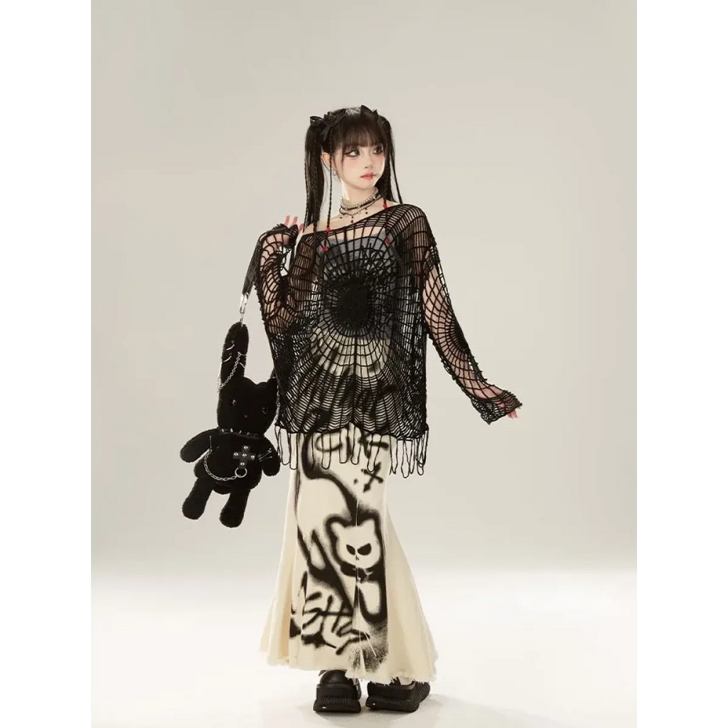 Spider Web Knit Sweater – Y2K Off Shoulder Grunge Pullover - Sweaters - Long - Asymmetric - Tops - 3