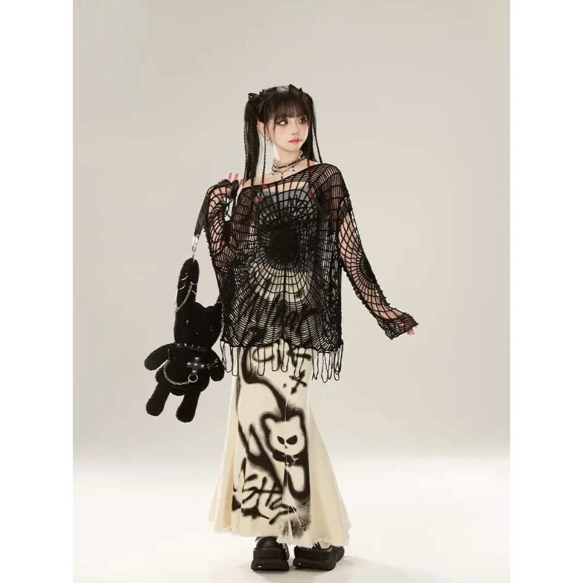 Spider Web Knit Sweater – Y2K Off Shoulder Grunge Pullover - Sweaters - Long - Asymmetric - Tops - 3