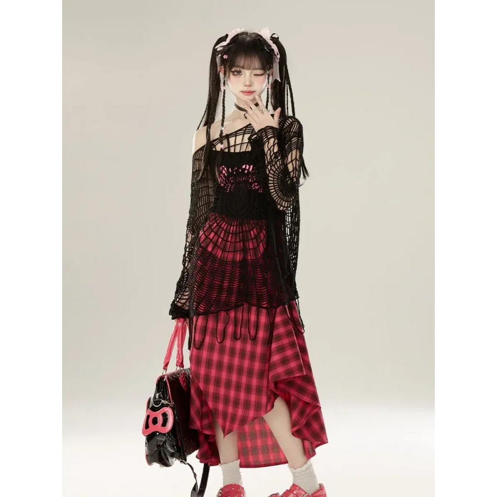 Spider Web Knit Sweater – Y2K Off Shoulder Grunge Pullover - Sweaters - Long - Asymmetric - Tops - 4