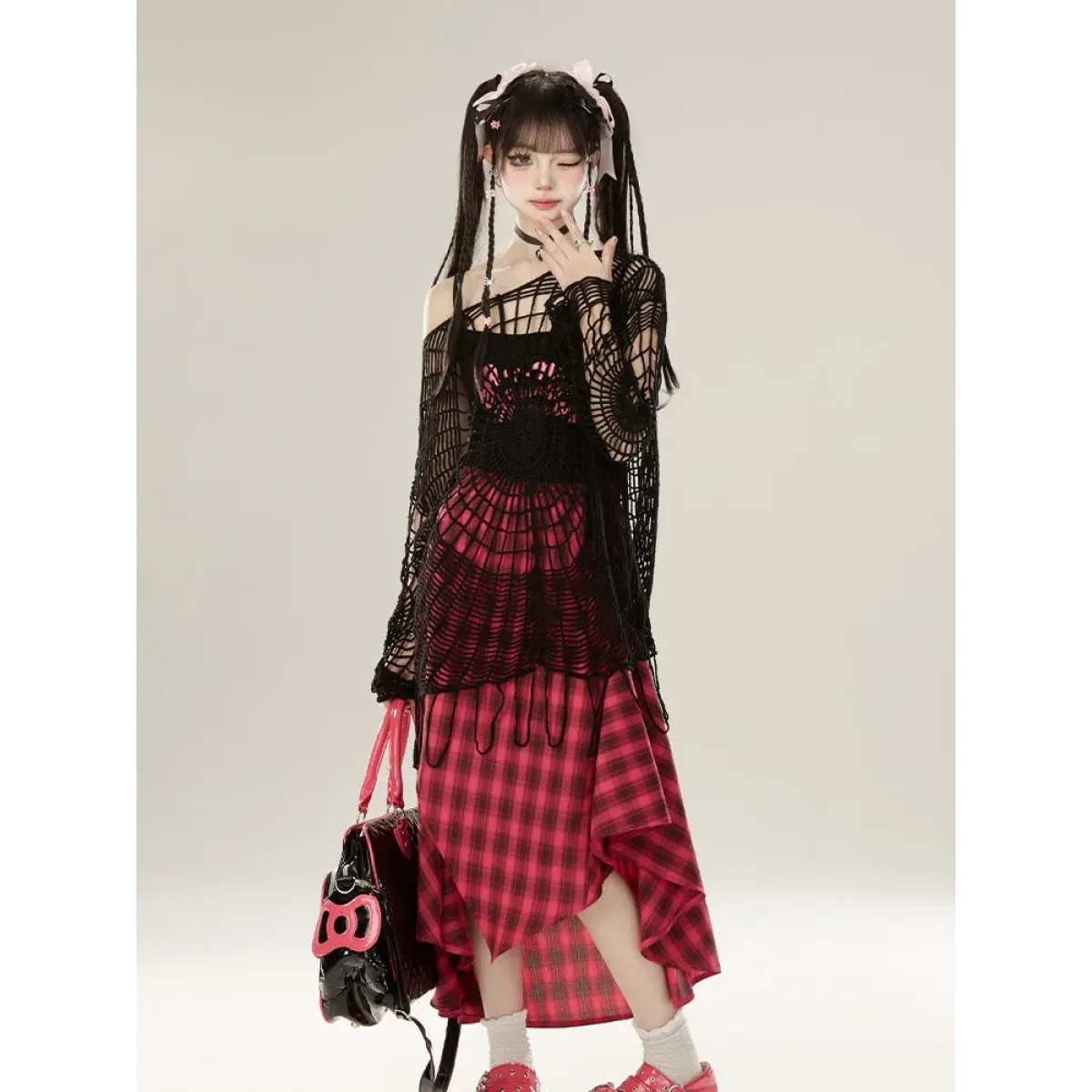 Spider Web Knit Sweater – Y2K Off Shoulder Grunge Pullover - Sweaters - Long - Asymmetric - Tops - 4