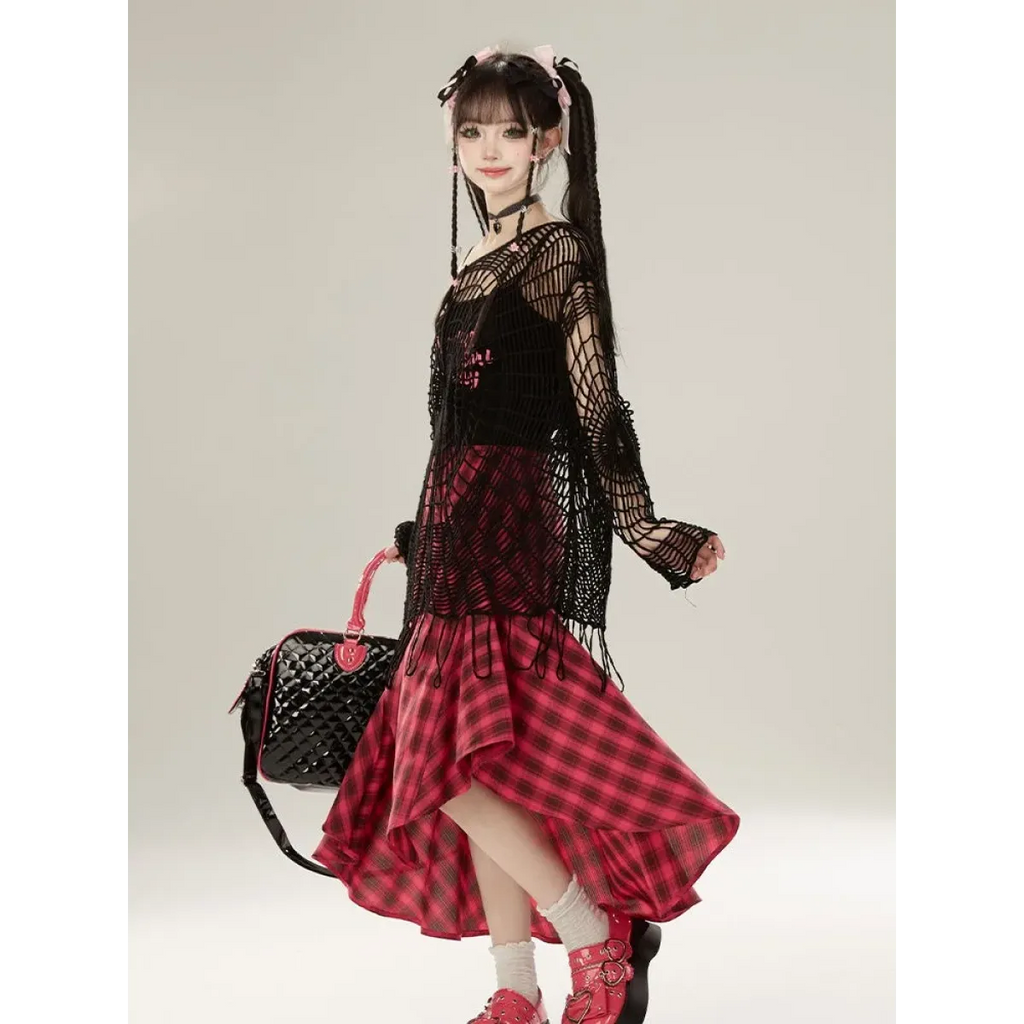 Spider Web Knit Sweater – Y2K Off Shoulder Grunge Pullover - Sweaters - Long - Asymmetric - Tops - 5