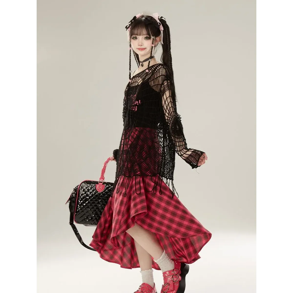 Spider Web Knit Sweater – Y2K Off Shoulder Grunge Pullover - Sweaters - Long - Asymmetric - Tops - 5