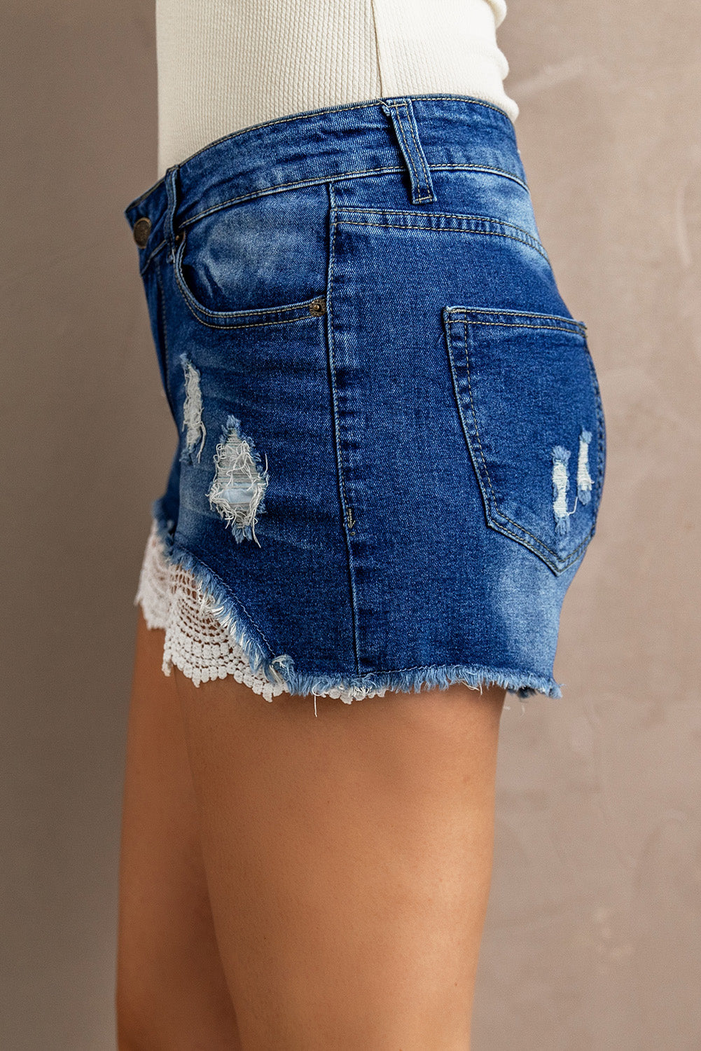 Spliced Lace Distressed Denim Shorts - Women’s Clothing & Accessories - Shorts - 4 - 2024