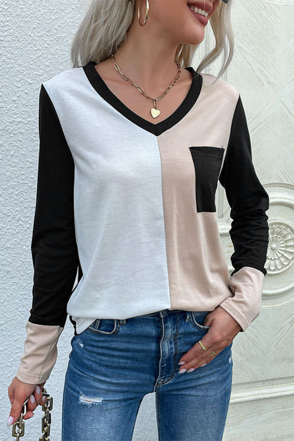 Spliced Long Sleeve Tee with Pocket - T-Shirts - Shirts & Tops - 1 - 2024