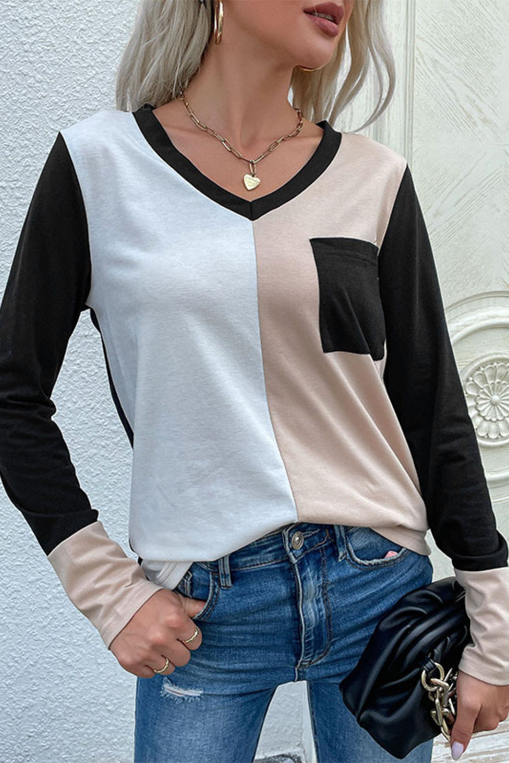 Spliced Long Sleeve Tee with Pocket - T-Shirts - Shirts & Tops - 3 - 2024