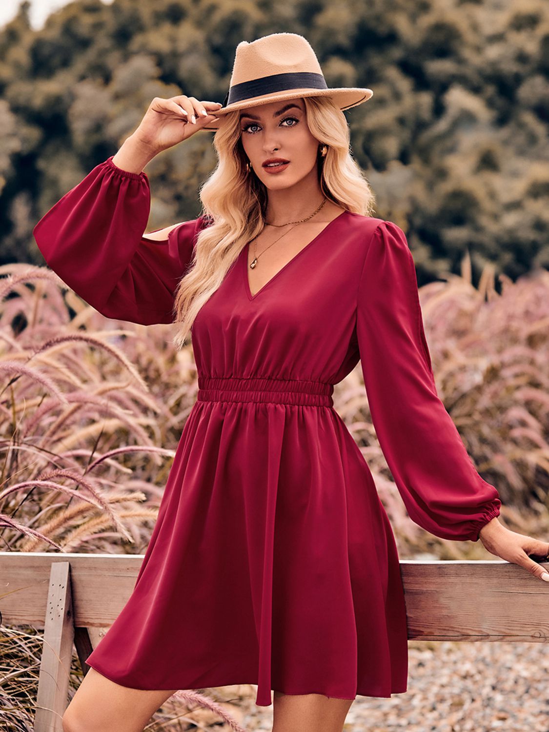 V-Neck Split Sleeve Mini Dress - Wine / S - All Dresses - Dresses - 5 - 2024