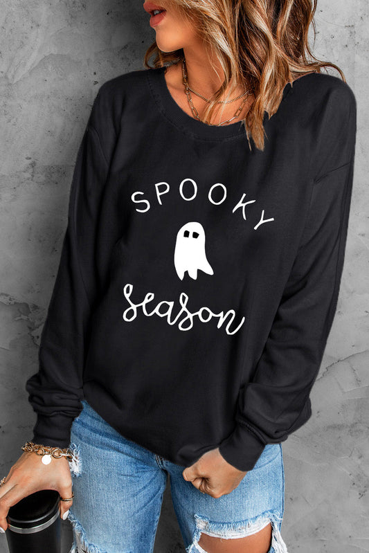 Round Neck Long Sleeve SPOOKY SEASON Graphic Sweatshirt - Black / S - T-Shirts - Shirts & Tops - 1 - 2024