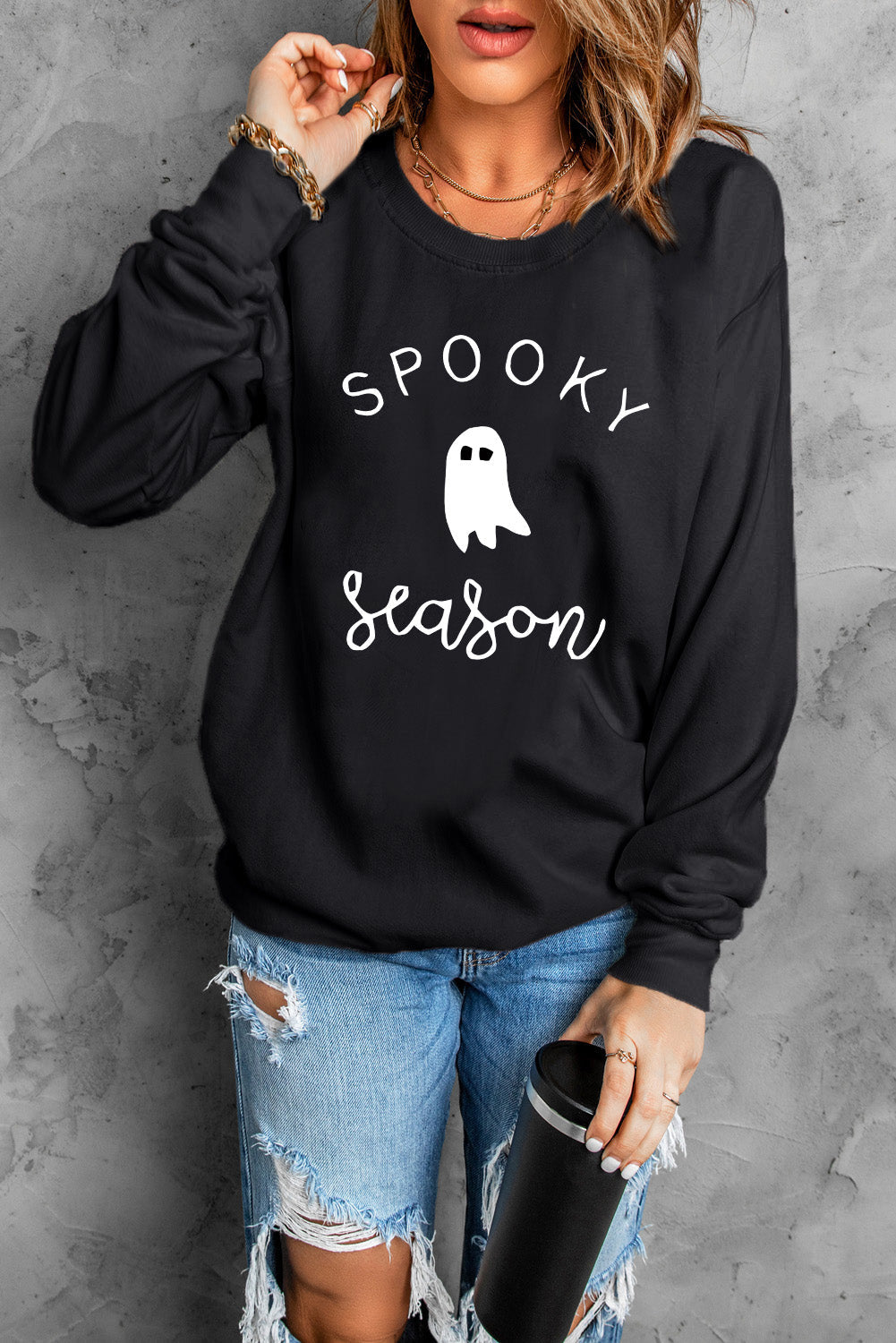 Round Neck Long Sleeve SPOOKY SEASON Graphic Sweatshirt - T-Shirts - Shirts & Tops - 3 - 2024