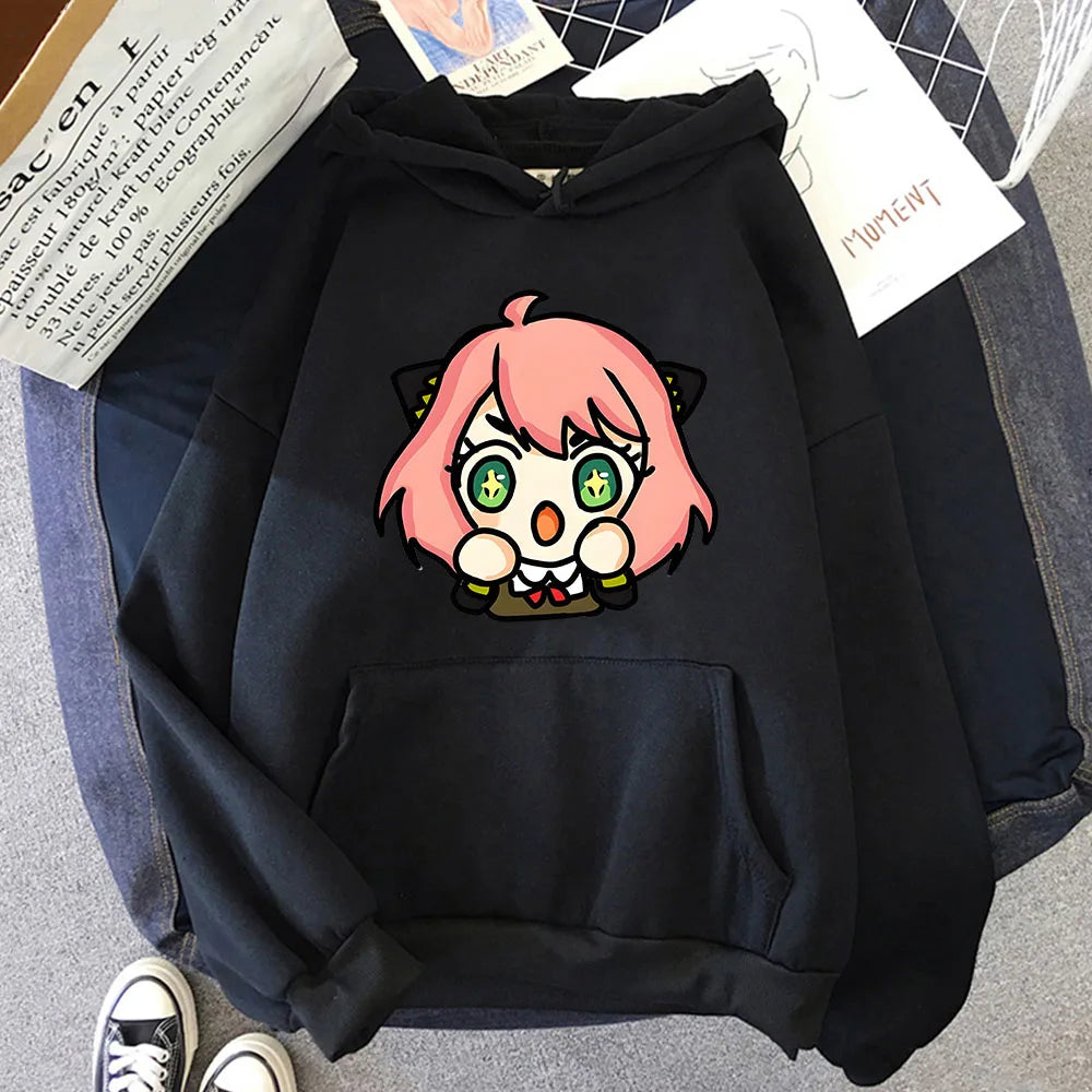 Kawaii Anya Spy X Family Unisex Hoodie - Korean Style Long Sleeve Sweatshirt for Men and Women - Black / S - T-Shirts