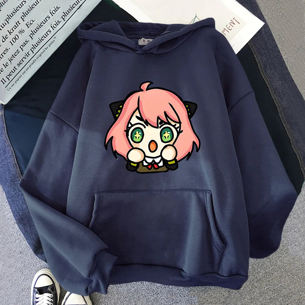 Kawaii Anya Spy X Family Unisex Hoodie - Korean Style Long Sleeve Sweatshirt for Men and Women - Navy Blue / S