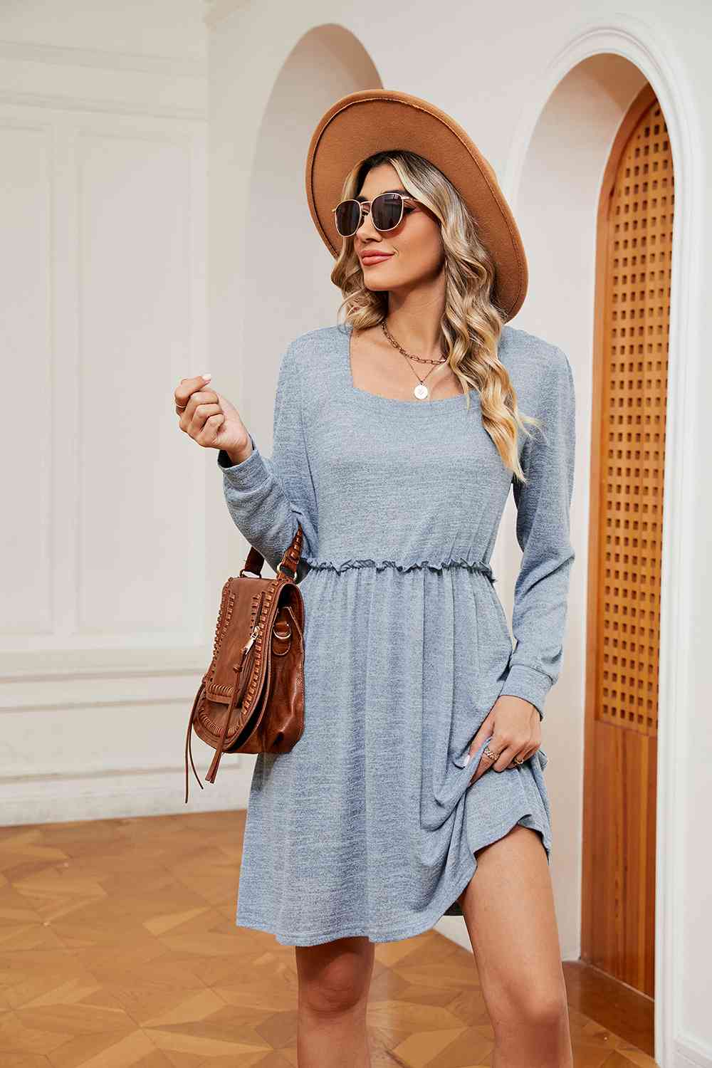 Square Neck Long Sleeve Dress - Misty Blue / S - All Dresses - Dresses - 1 - 2024