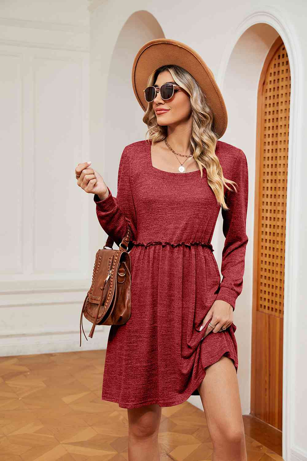 Square Neck Long Sleeve Dress - Red Orange / S - All Dresses - Dresses - 9 - 2024