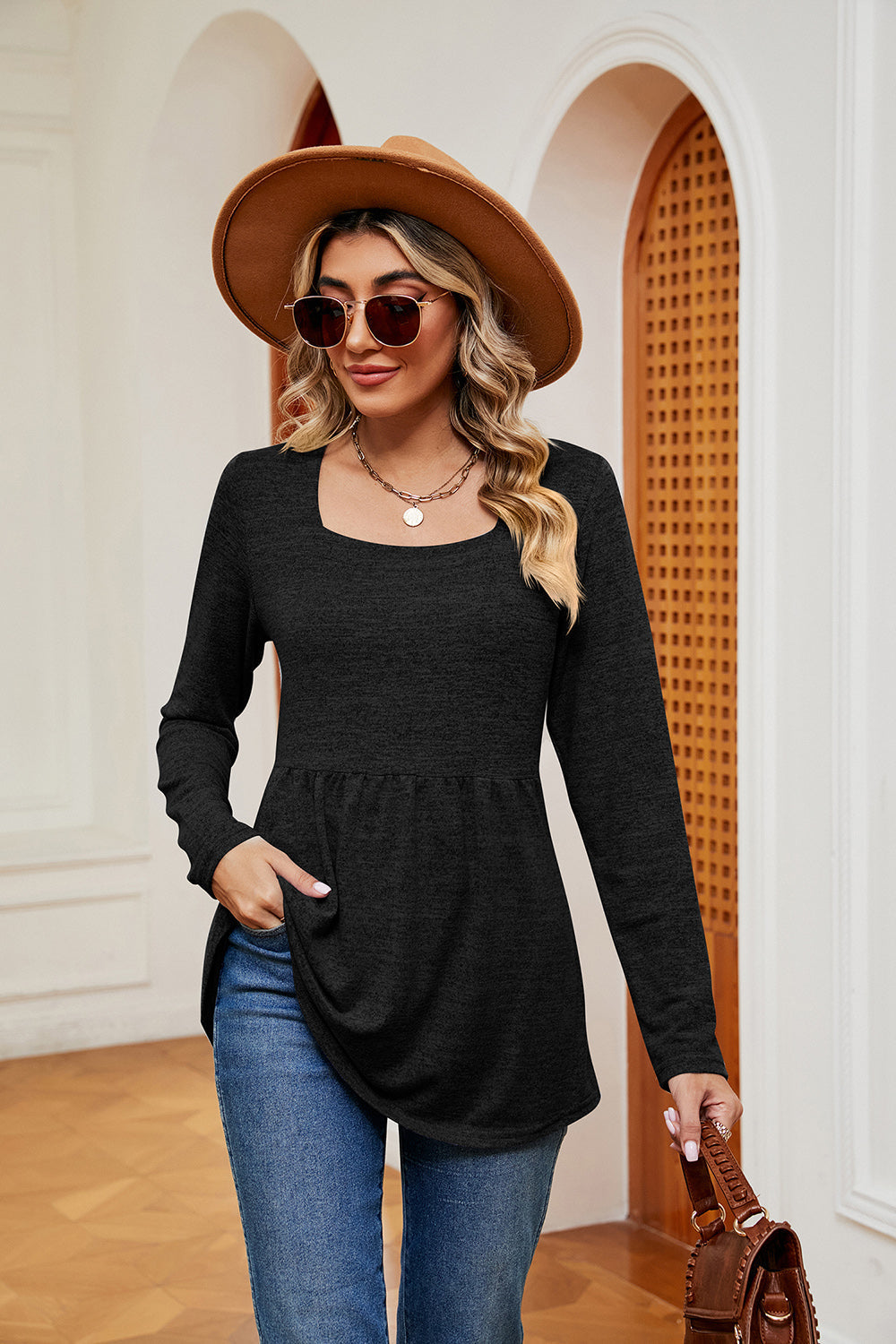 Square Neck Long Sleeve Peplum Top - Black / S - T-Shirts - Shirts & Tops - 5 - 2024