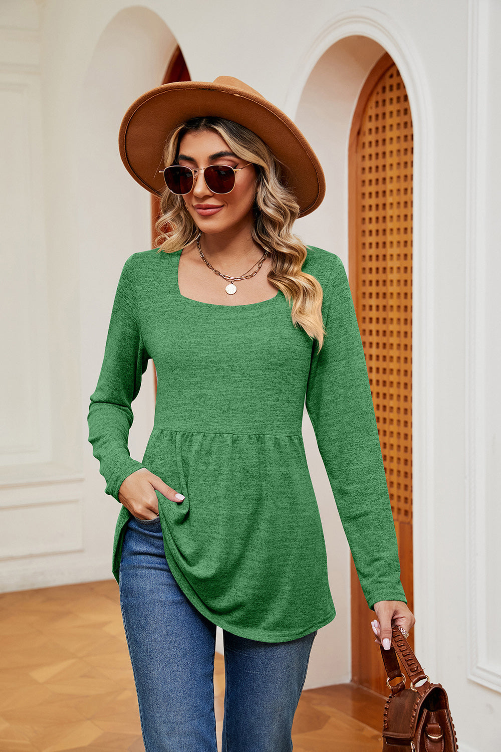 Square Neck Long Sleeve Peplum Top - Green / S - T-Shirts - Shirts & Tops - 13 - 2024