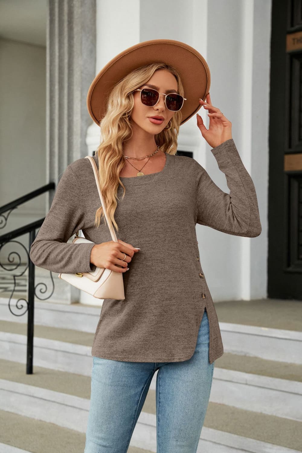 Square Neck Long Sleeve Slit T-Shirt - Coffee Brown / S - T-Shirts - Shirts & Tops - 10 - 2024