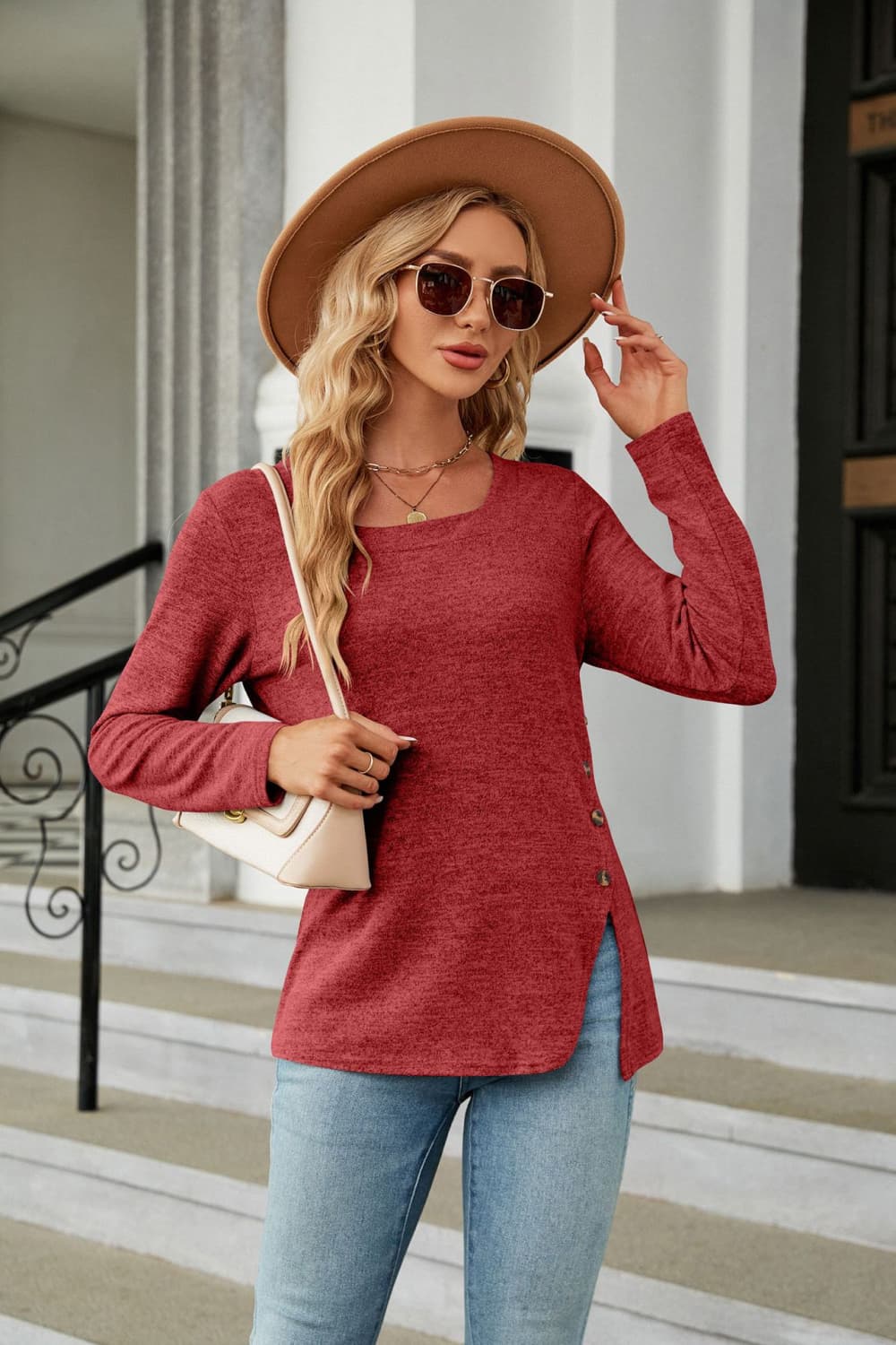 Square Neck Long Sleeve Slit T-Shirt - Deep Red / S - T-Shirts - Shirts & Tops - 13 - 2024