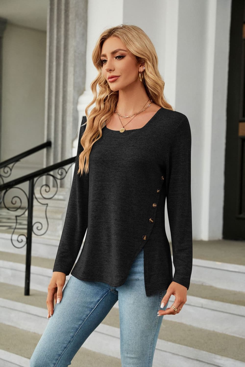 Square Neck Long Sleeve Slit T-Shirt - T-Shirts - Shirts & Tops - 17 - 2024